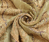 Sushila Vintage Golden Tissu Sari Remnant Scrap Hand Beaded Paisley Craft Fabric