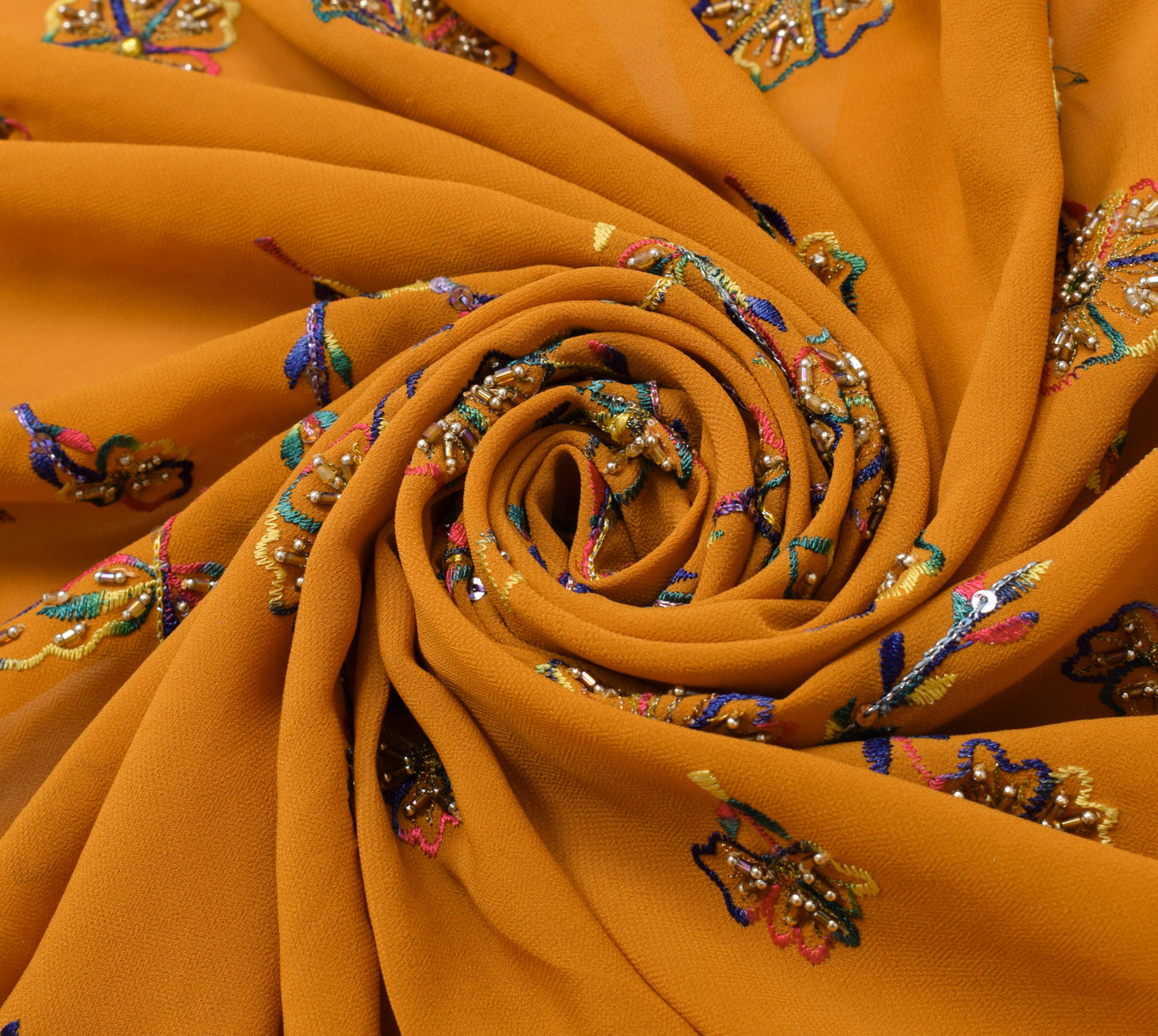 Sushila Vintage Mustard Silk Sari Remnant Scrap Hand Beaded Floral Craft Fabric