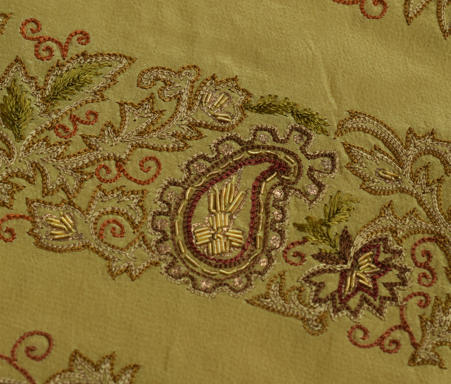 Sushila Vintage Green Sari Remnant Scrap 100%Pure Crepe Hand Beaded Craft Fabric