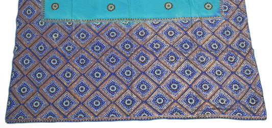 Sushila Vintage Blue Sari Remnant Scrap 100% Pure Silk Hand Beaded Craft Fabric