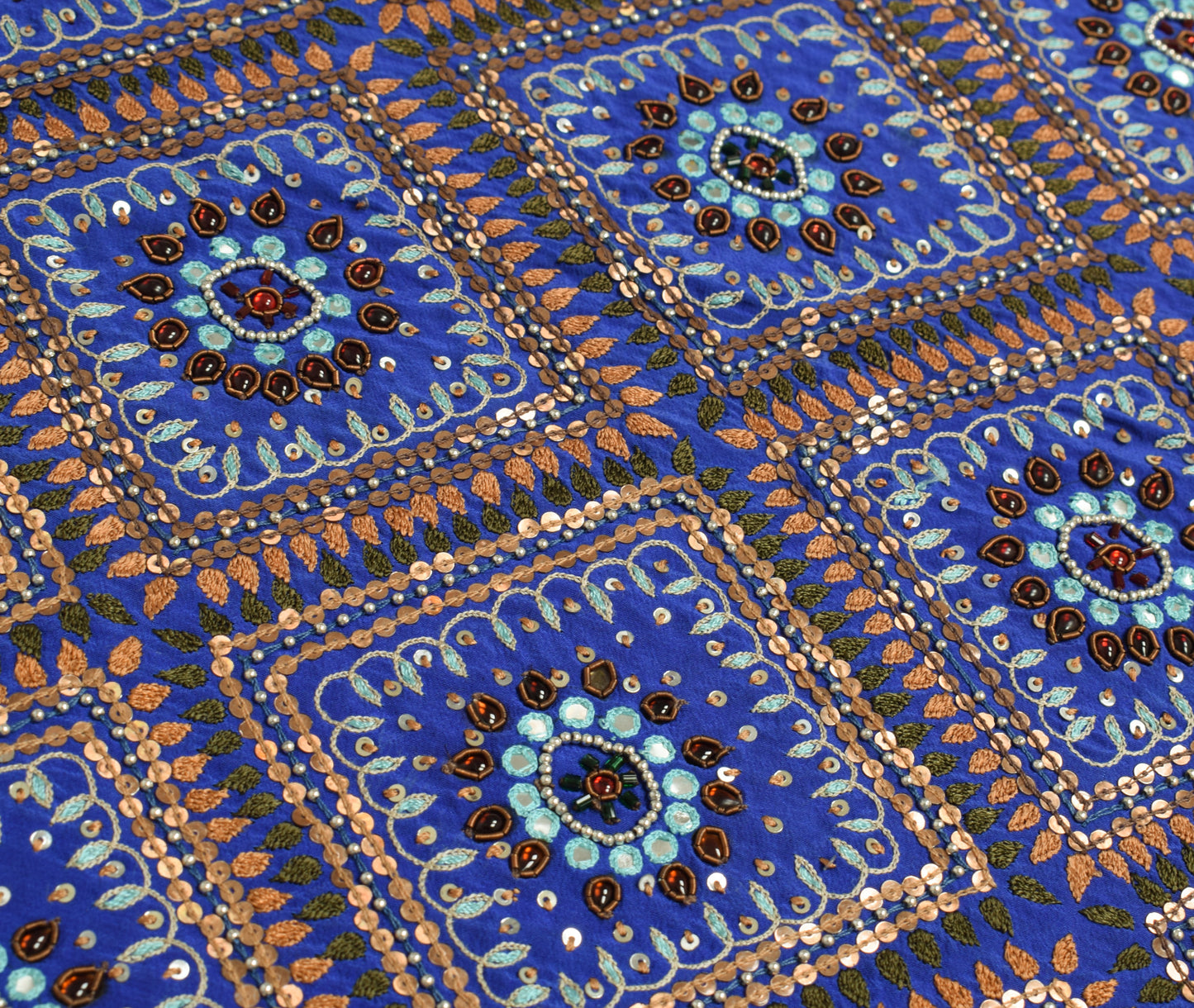 Sushila Vintage Blue Sari Remnant Scrap 100% Pure Silk Hand Beaded Craft Fabric