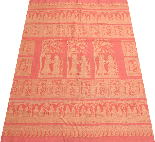 Sushila Vintage Peach Sari Remnant Scrap Cotton Baluchari Woven Craft Fabric