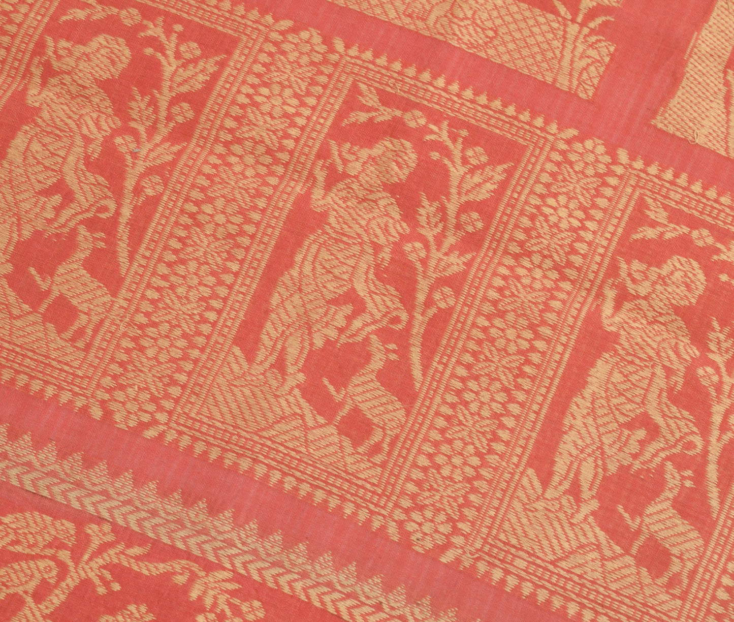 Sushila Vintage Peach Sari Remnant Scrap Cotton Baluchari Woven Craft Fabric