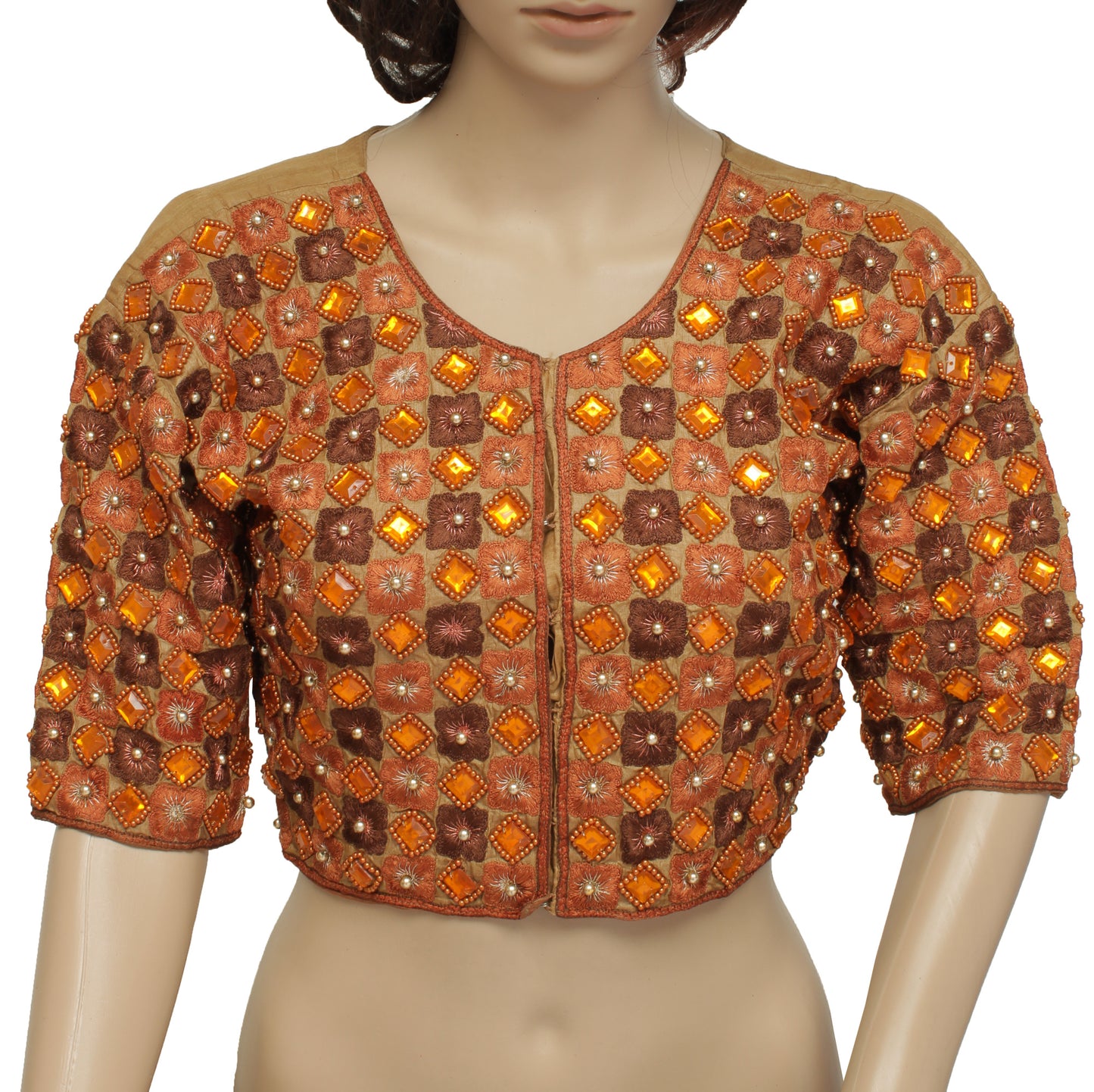 Sushila Vintage Brown Readymade 34" Sari Blouse Pure Silk Designer Choli