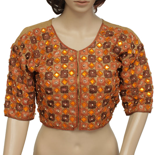 Sushila Vintage Brown Readymade 34" Sari Blouse Pure Silk Designer Choli