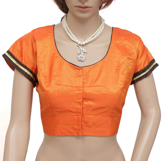 Sushila Vintage 40" Stitched Sari Blouse Orange Silk Woven Designer Top