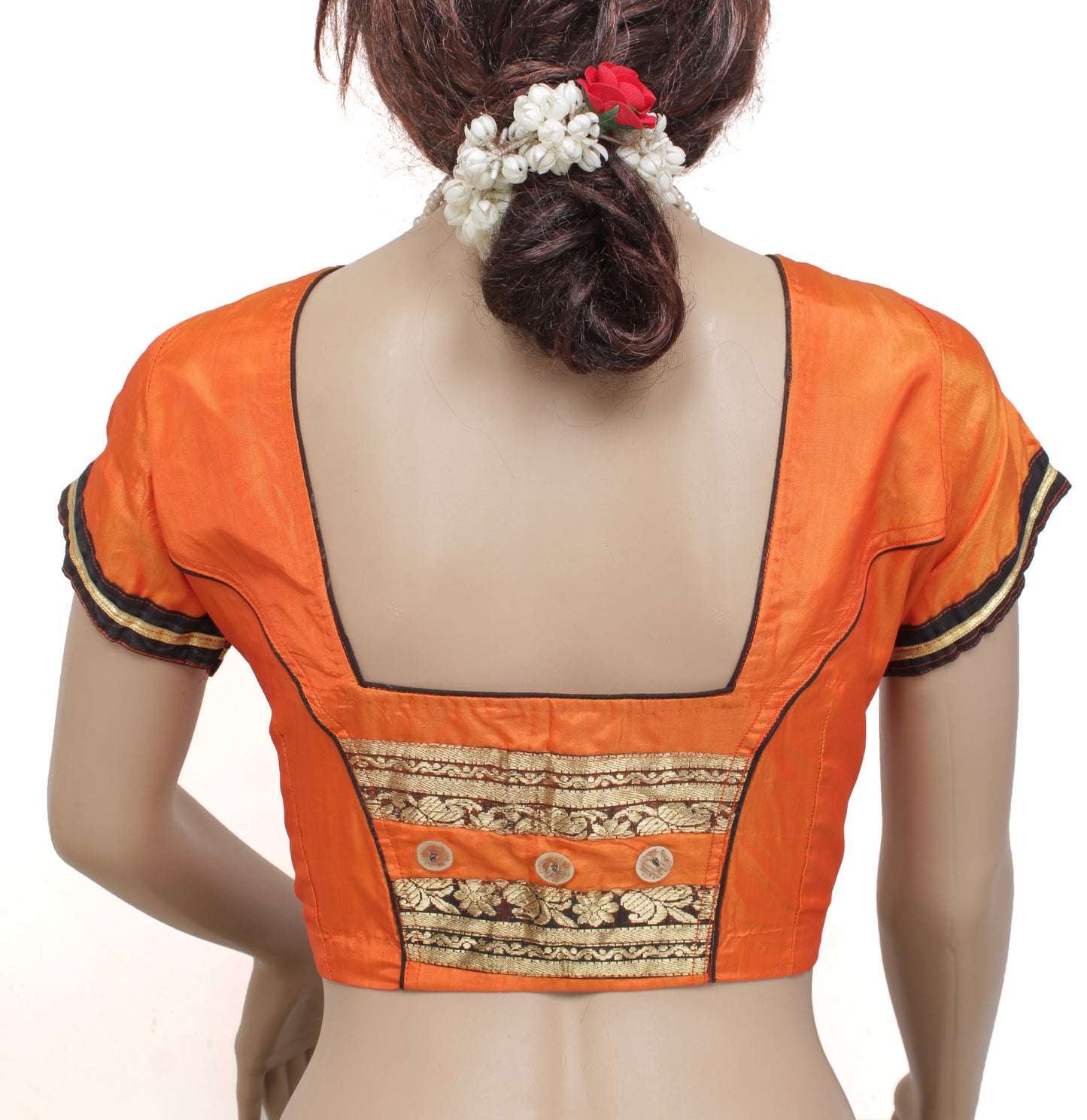 Sushila Vintage 40" Stitched Sari Blouse Orange Silk Woven Designer Top