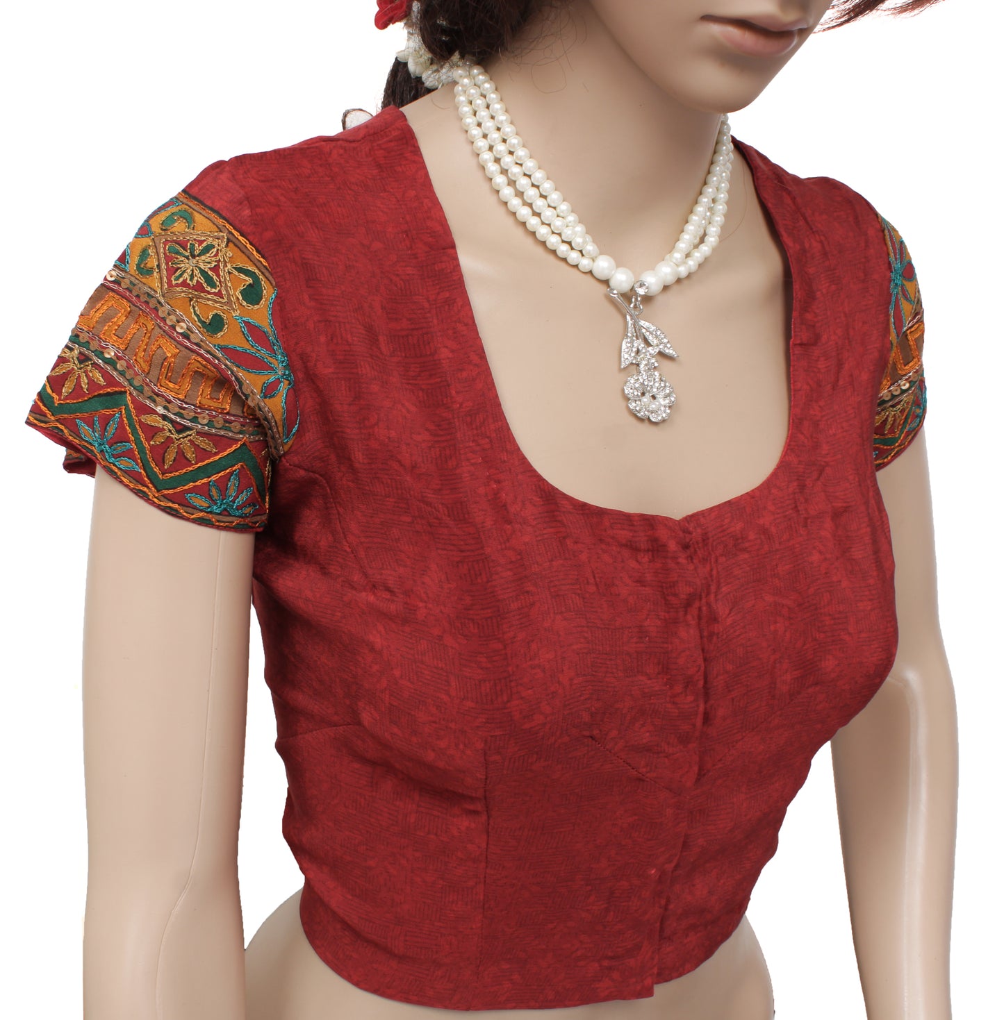 Sushila Vintage Maroon Readymade Stitched Sari Blouse Crepe Printed Designer 40" Top