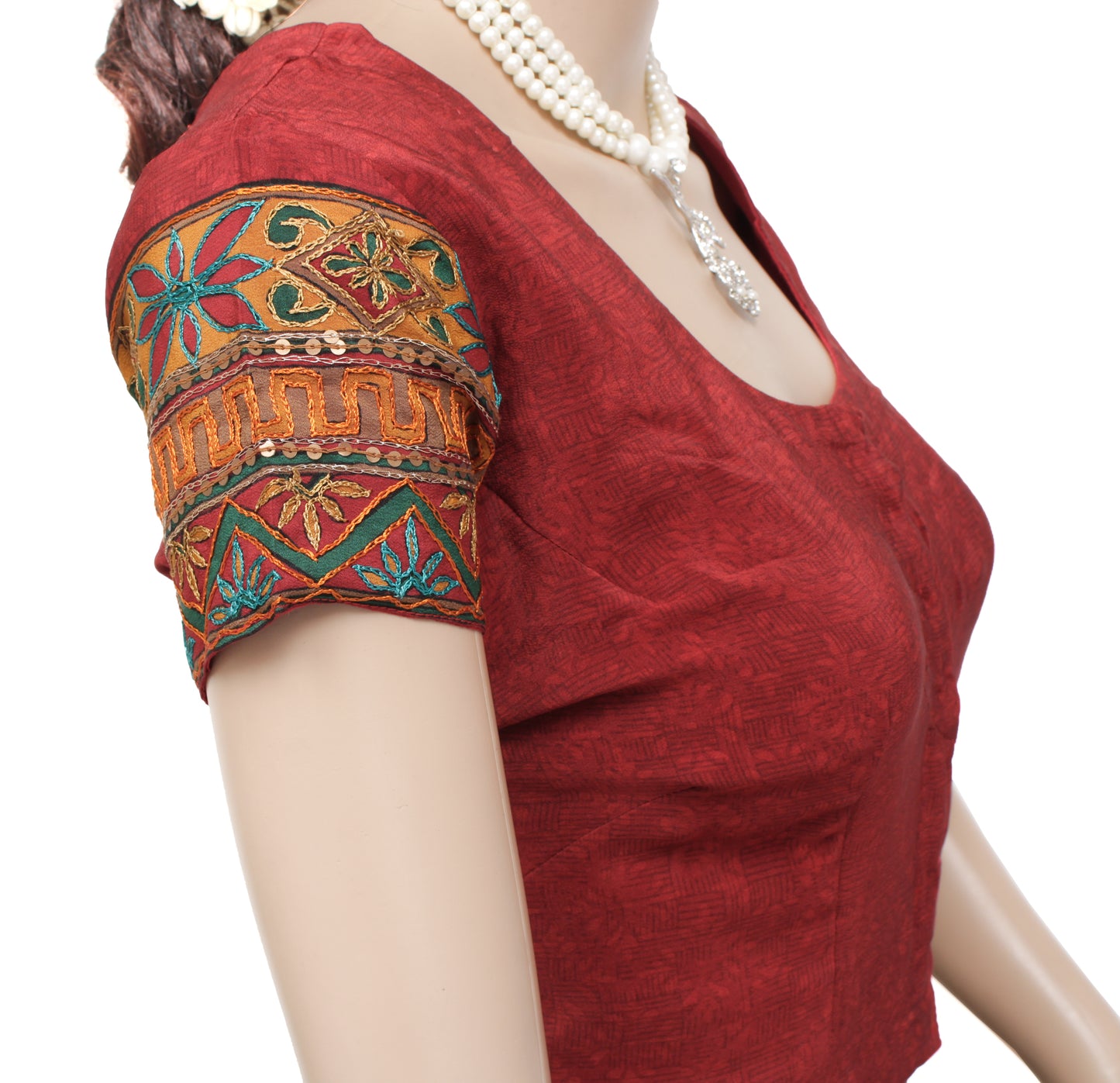 Sushila Vintage Maroon Readymade Stitched Sari Blouse Crepe Printed Designer 40" Top