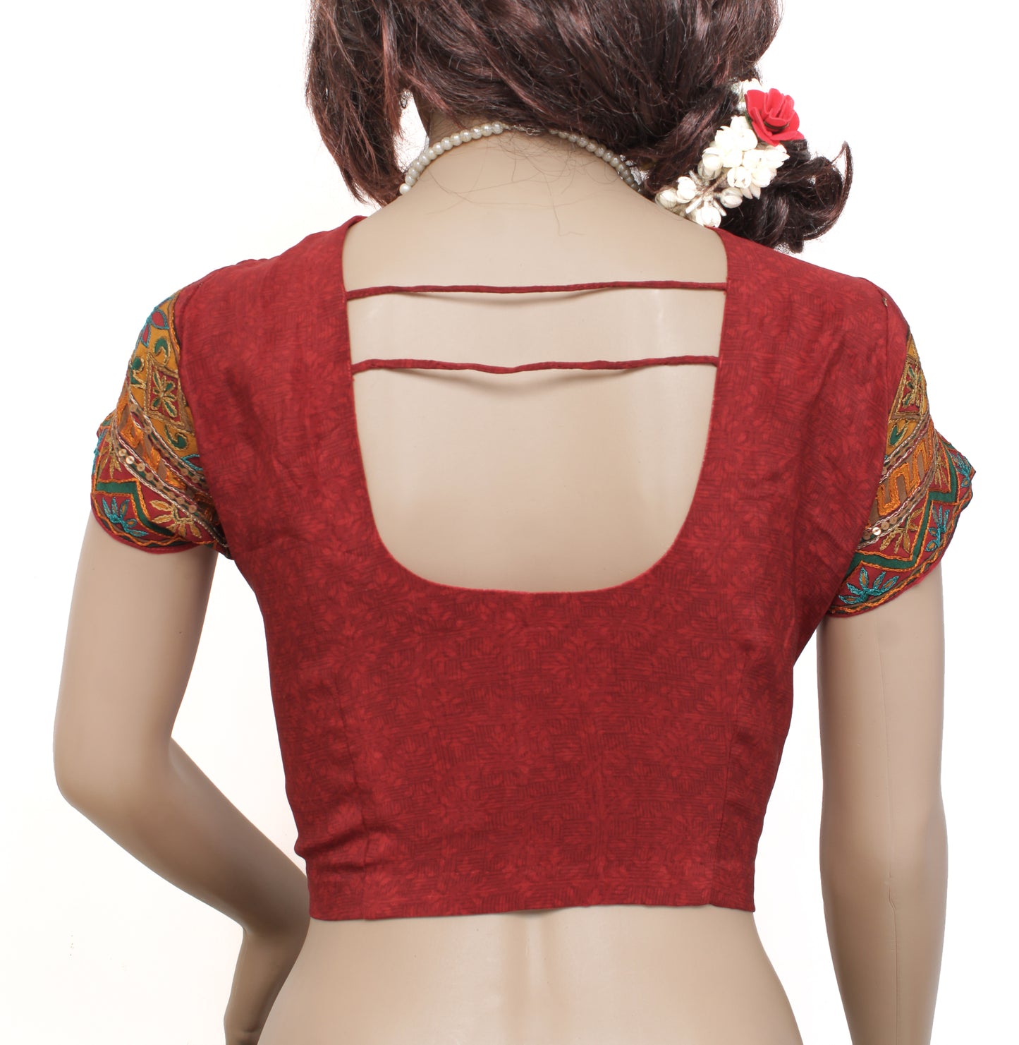 Sushila Vintage Maroon Readymade Stitched Sari Blouse Crepe Printed Designer 40" Top