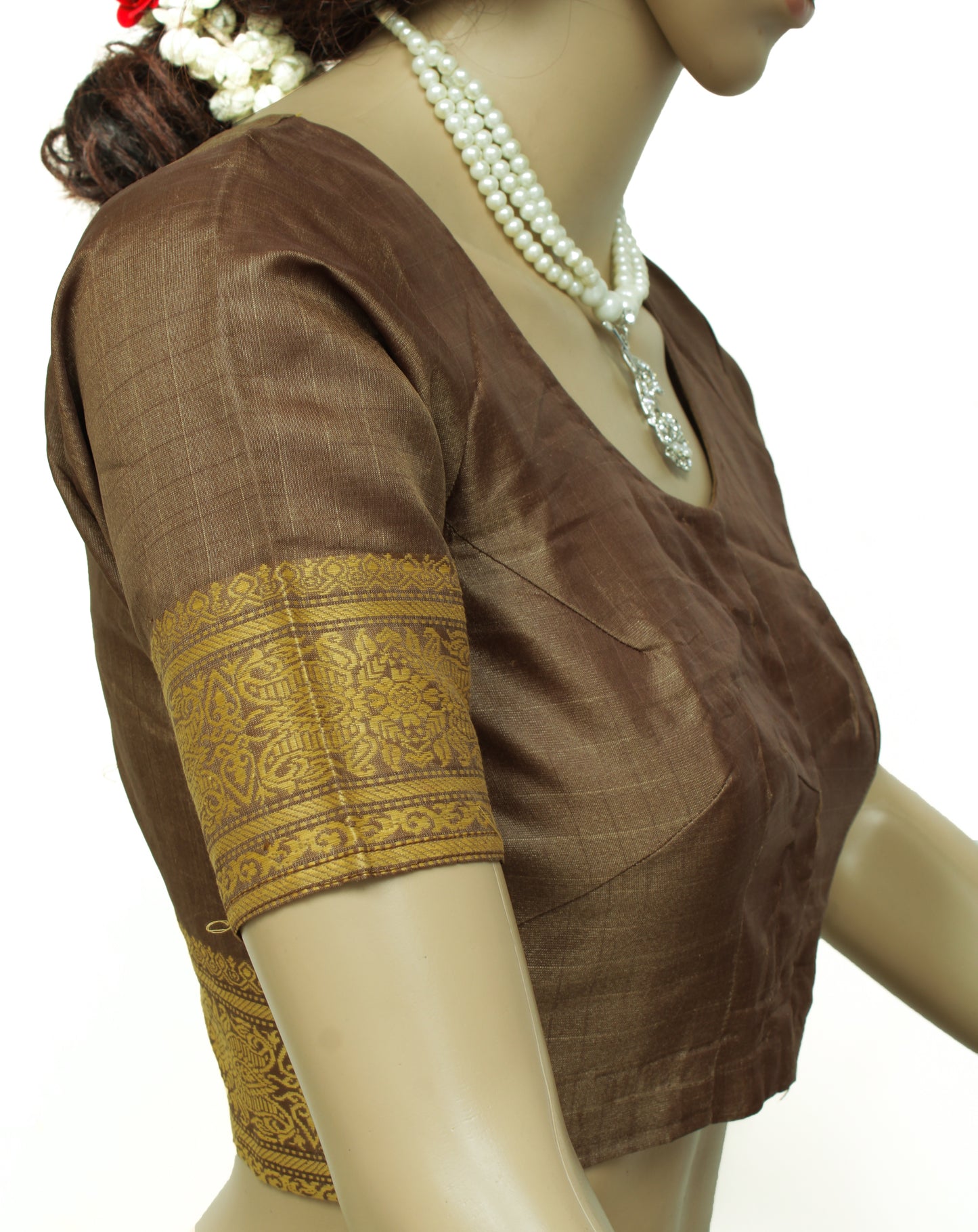 Sushila Vintage 30" Stitched Brown Sari Blouse Silk Woven Designer Choli