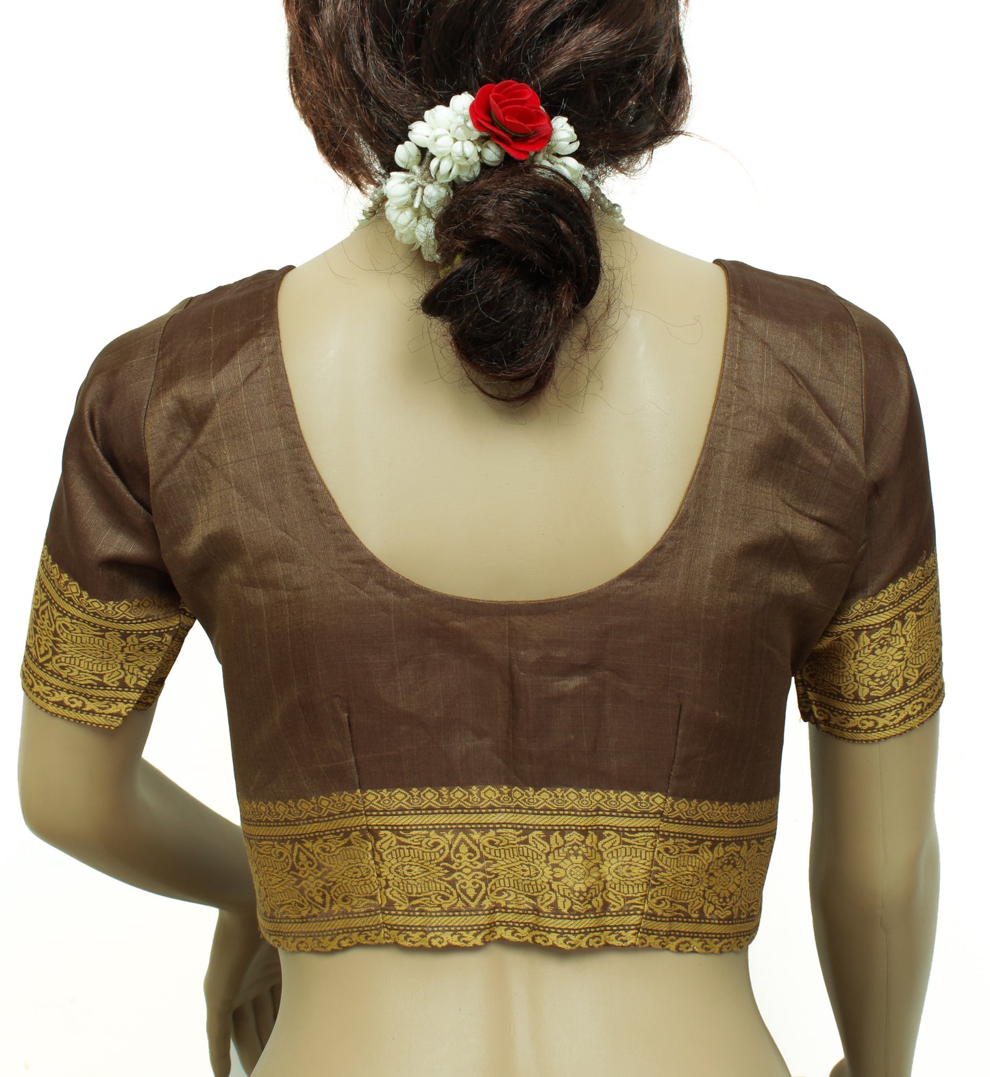 Sushila Vintage 30" Stitched Brown Sari Blouse Silk Woven Designer Choli