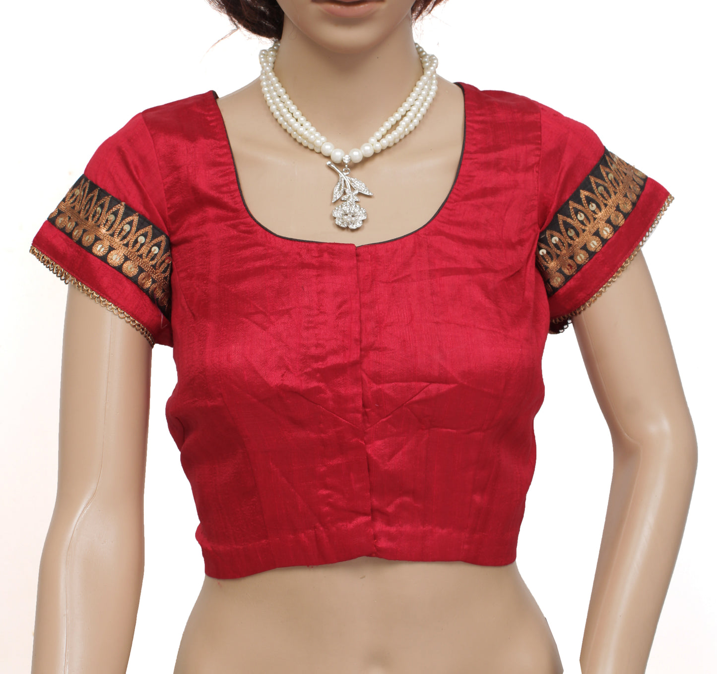 Sushila Vintage 37" Stitched Red Sari Blouse Pure Silk Woven Designer Top