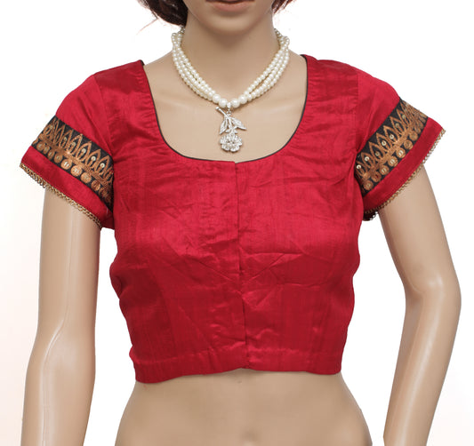 Sushila Vintage 37" Stitched Red Sari Blouse Pure Silk Woven Designer Top