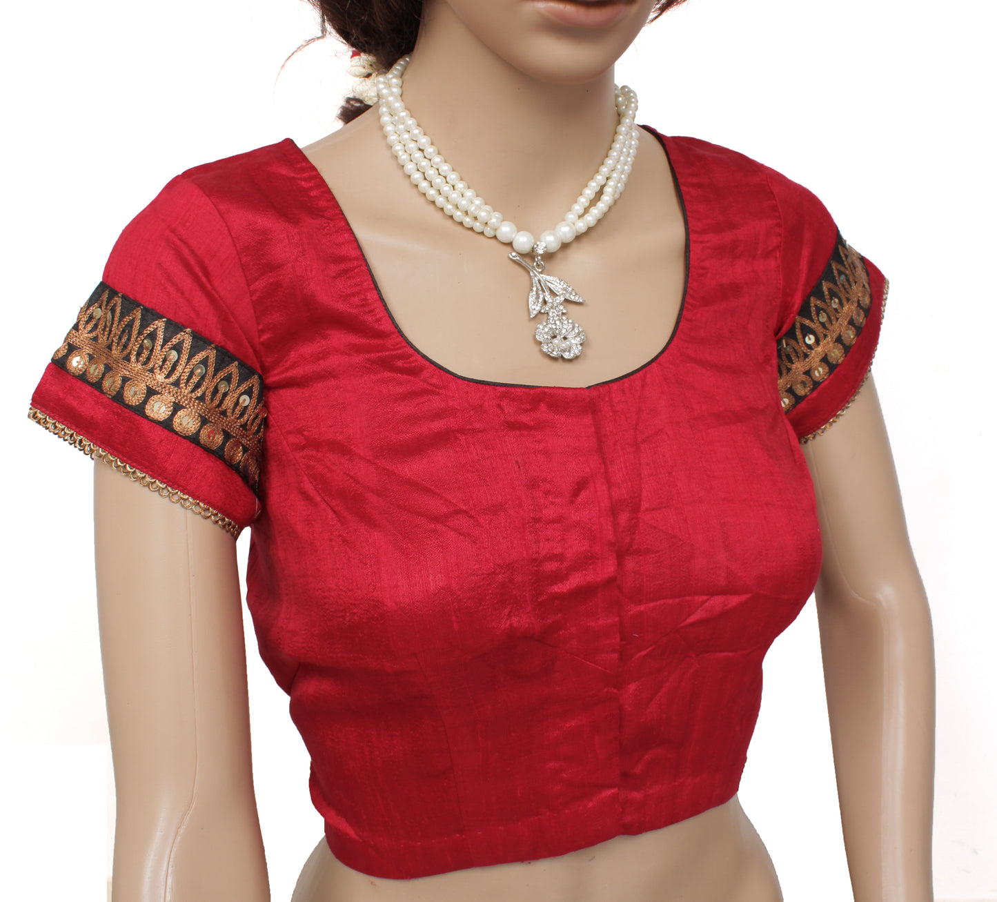 Sushila Vintage 37" Stitched Red Sari Blouse Pure Silk Woven Designer Top