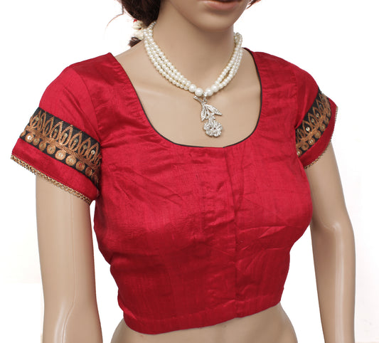 Sushila Vintage 37" Stitched Red Sari Blouse Pure Silk Woven Designer Top