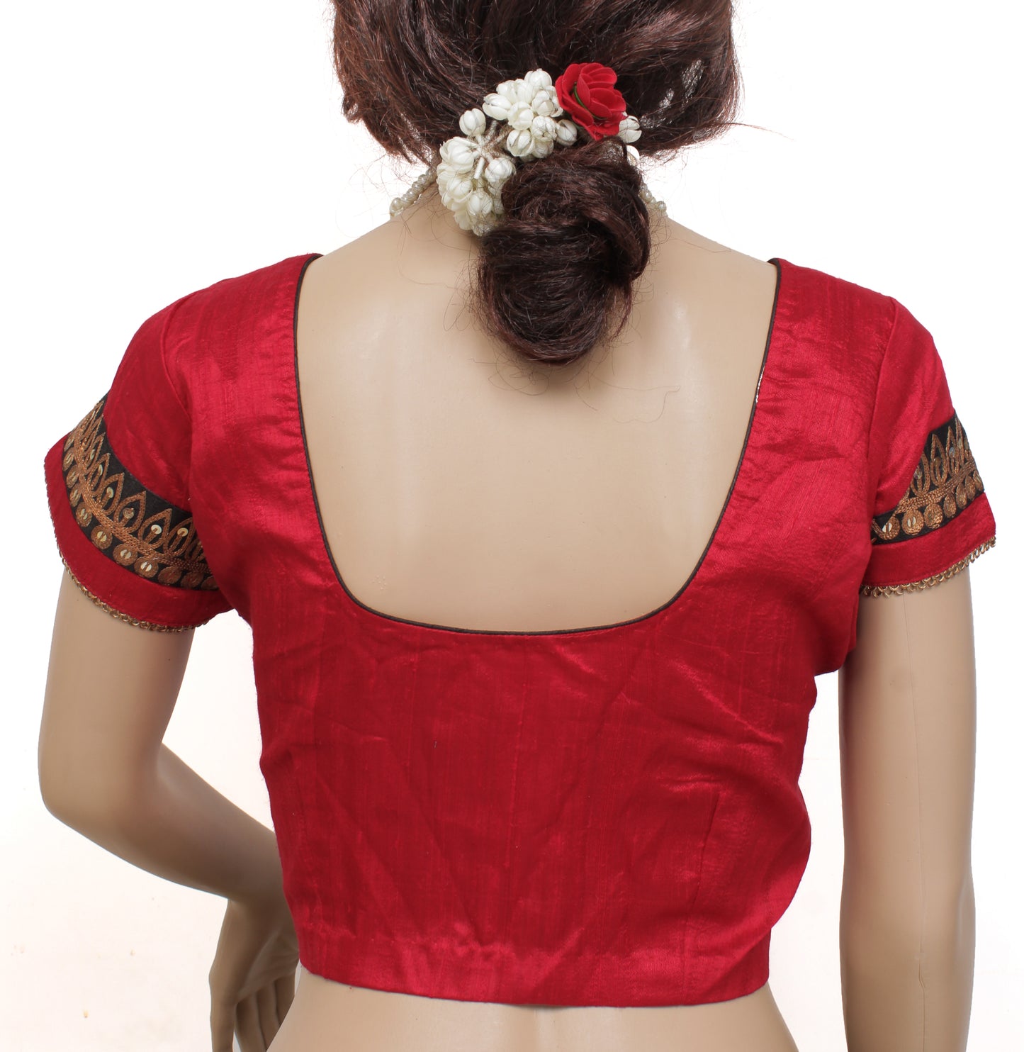 Sushila Vintage 37" Stitched Red Sari Blouse Pure Silk Woven Designer Top