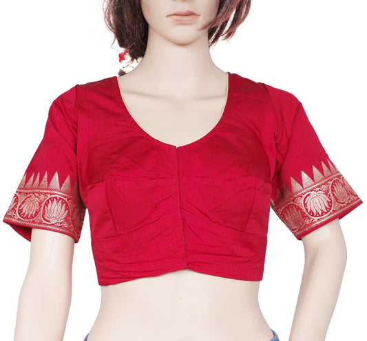 Sushila Vintage 35" Stitched Red Sari Blouse Pure Silk Woven Designer Top