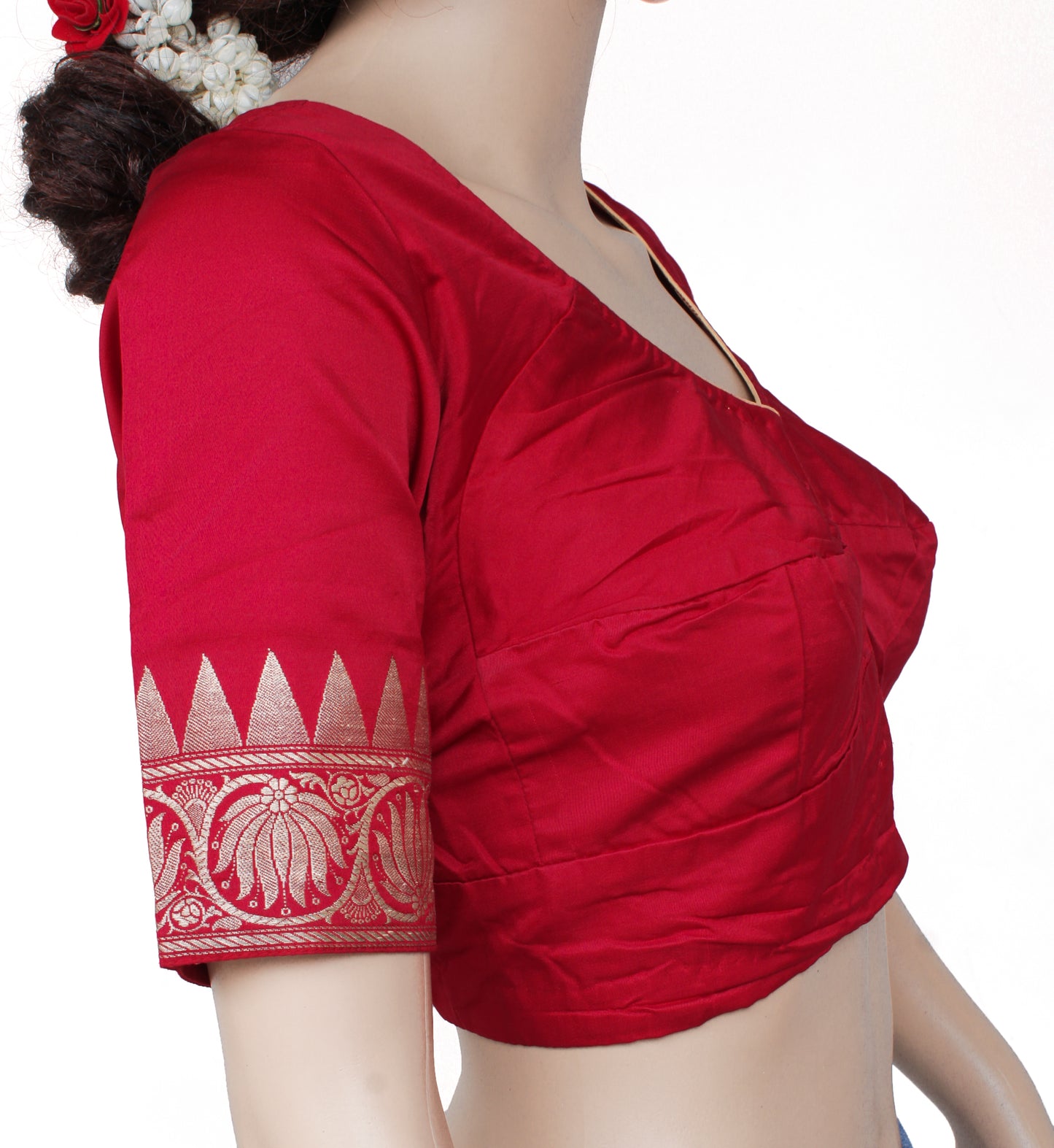 Sushila Vintage 35" Stitched Red Sari Blouse Pure Silk Woven Designer Top