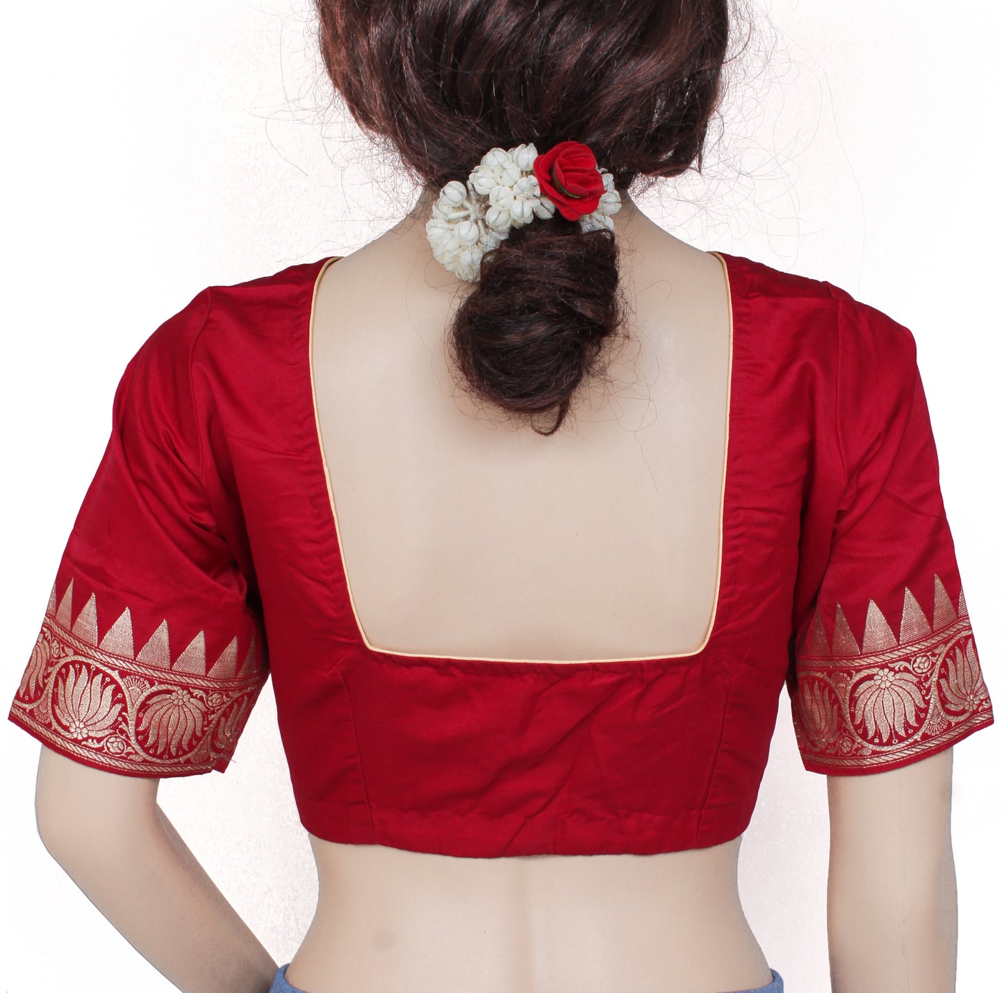 Sushila Vintage 35" Stitched Red Sari Blouse Pure Silk Woven Designer Top