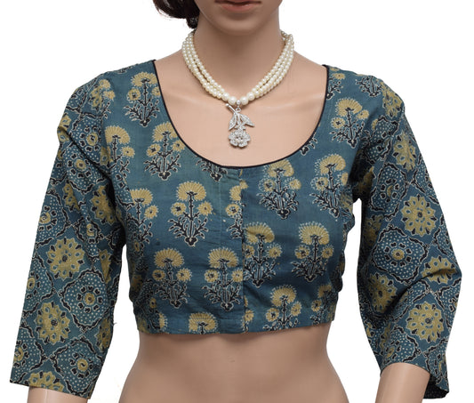 Sushila New Top Readymade 38" Sari Blouse Pure Cotton Printed Gray Choli