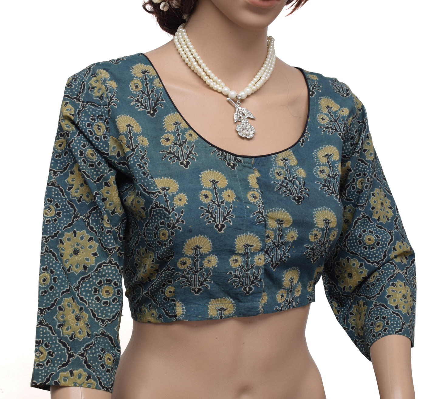 Sushila New Top Readymade 38" Sari Blouse Pure Cotton Printed Gray Choli