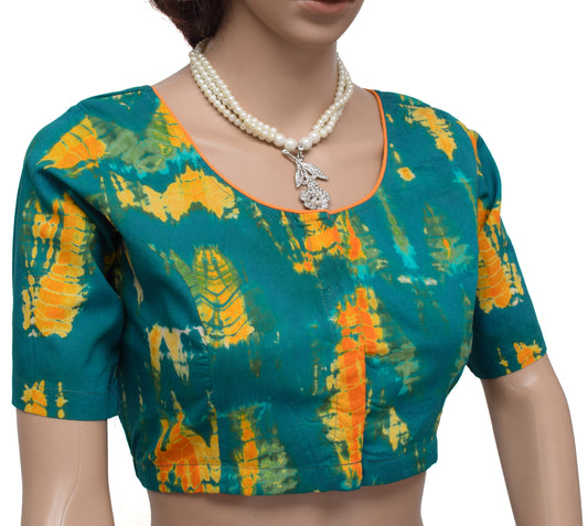 Sushila Vintage New Readymade 38" Green Sari Blouse Cotton Printed Choli