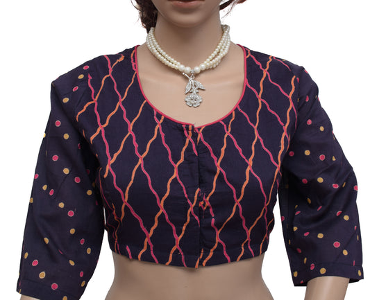 Sushila New Top 42" Stitched Blue Sari Blouse 100% Pure Cotton Printed Top