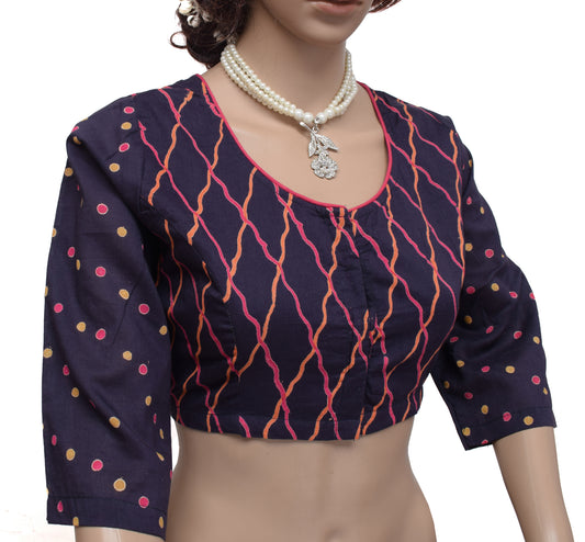 Sushila New Top 42" Stitched Blue Sari Blouse 100% Pure Cotton Printed Top