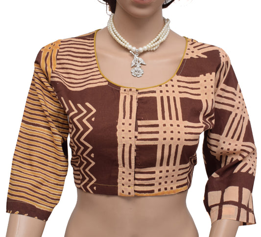 Sushila New Top Brown Readymade 42" Sari Blouse Pure Cotton Printed Choli