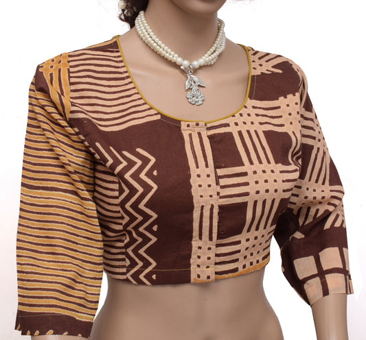 Sushila New Top Brown Readymade 42" Sari Blouse Pure Cotton Printed Choli