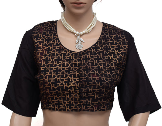 Sushila New Top Readymade 42" Black Sari Blouse Pure Cotton Printed Choli