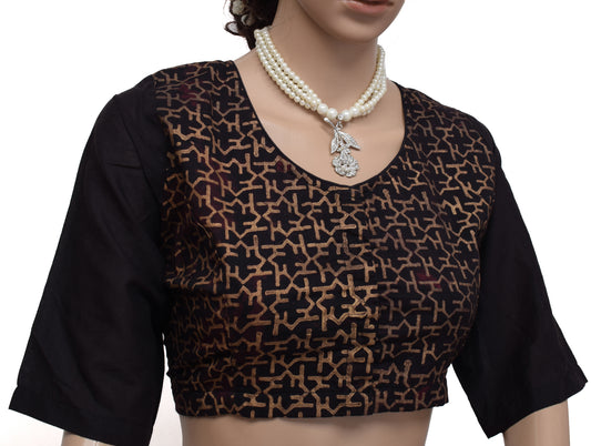 Sushila New Top Readymade 42" Black Sari Blouse Pure Cotton Printed Choli