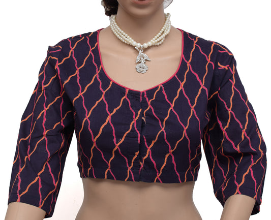 Sushila New Top 42" Stitched Blue Sari Blouse Pure Cotton Printed Choli