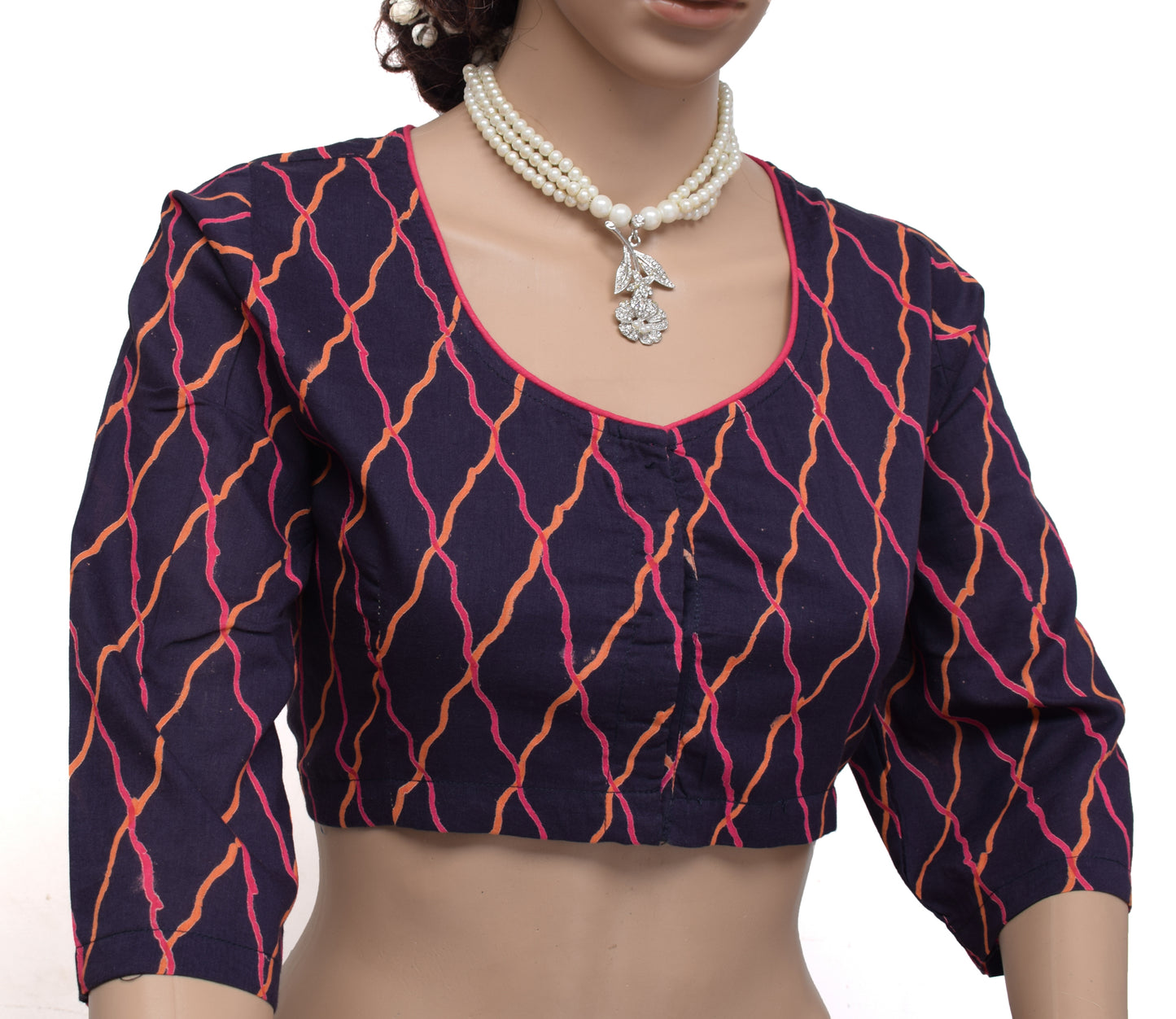 Sushila New Top 42" Stitched Blue Sari Blouse Pure Cotton Printed Choli