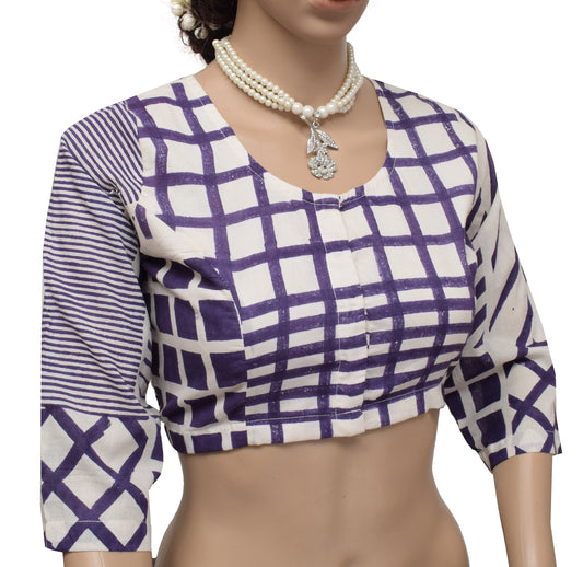 Sushila Cream New Top 38" Stitched Sari Blouse Pure Cotton Printed Choli