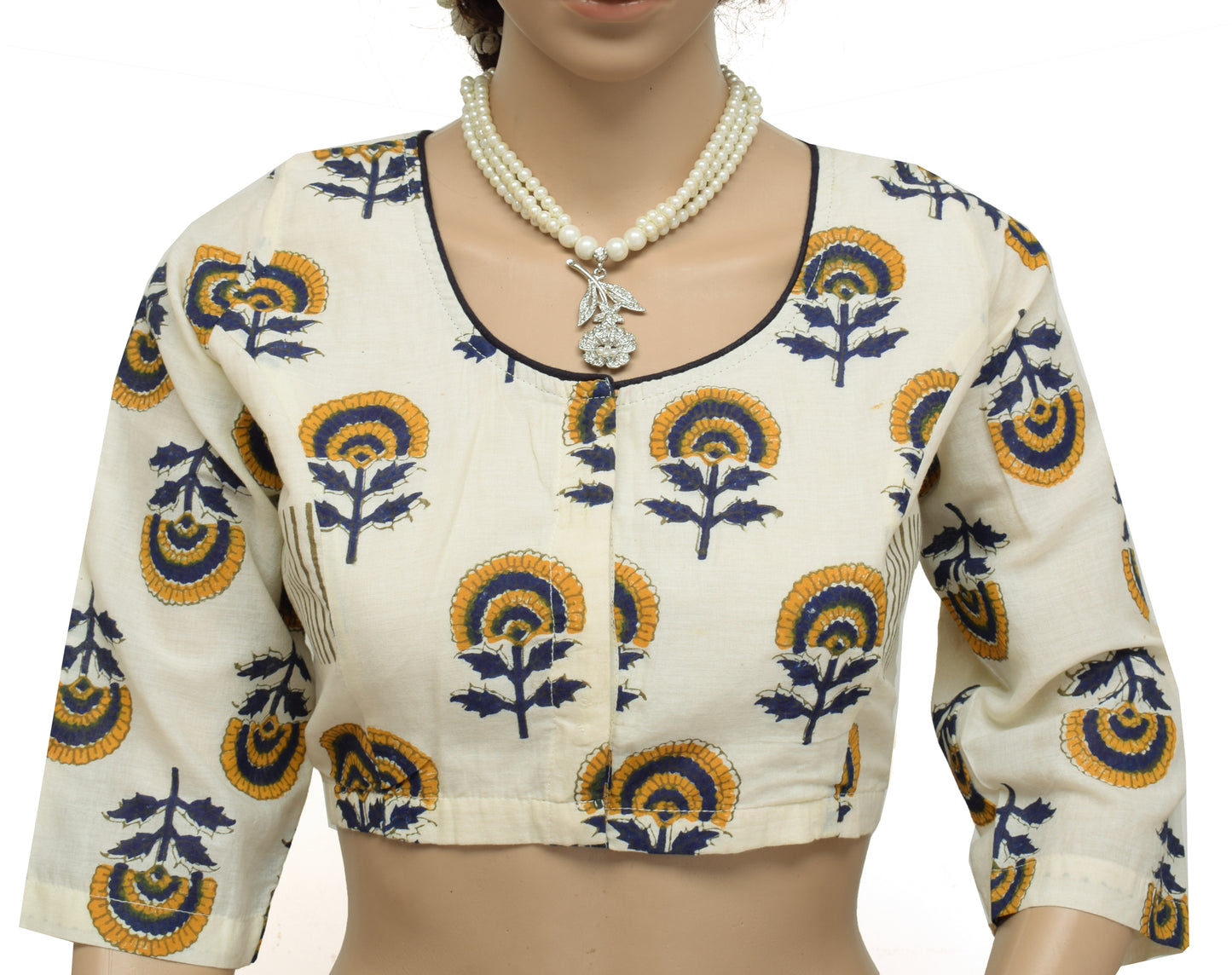 Sushila New Top Readymade 38" Sari Blouse Cream Pure Cotton Printed Choli