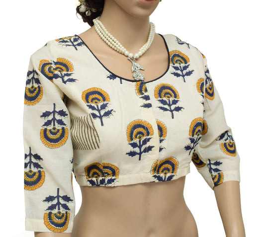 Sushila New Top Readymade Stitched Sari Blouse Cream Pure Cotton Printed Choli