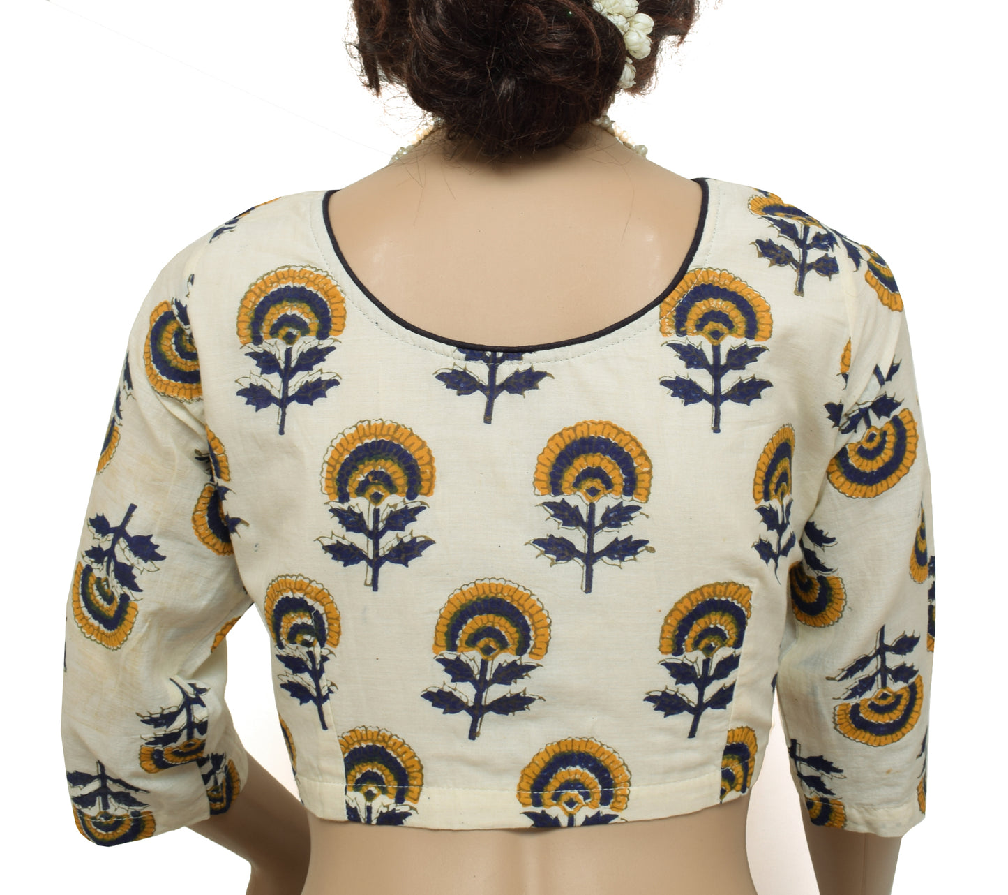Sushila New Top Readymade 38" Sari Blouse Cream Pure Cotton Printed Choli