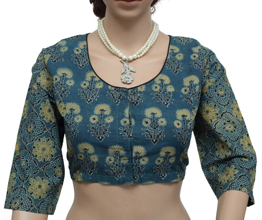 Sushila Vintage New Readymade 32" Sari Blouse Gray Cotton Printed Choli