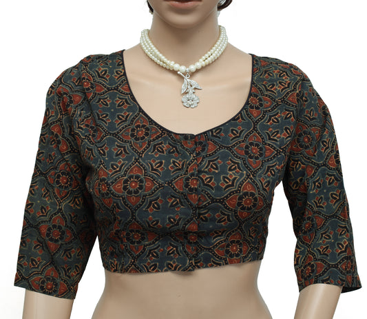Sushila Gray New Top 38" Stitched Sari Blouse Pure Cotton Printed Choli