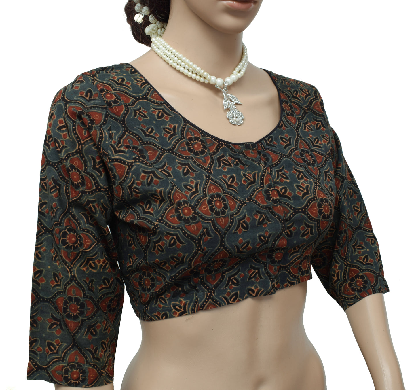 Sushila Gray New Top 38" Stitched Sari Blouse Pure Cotton Printed Choli