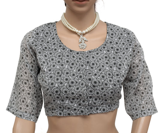 Sushila Vintage New Readymade 40" White Sari Blouse Cotton Printed Choli
