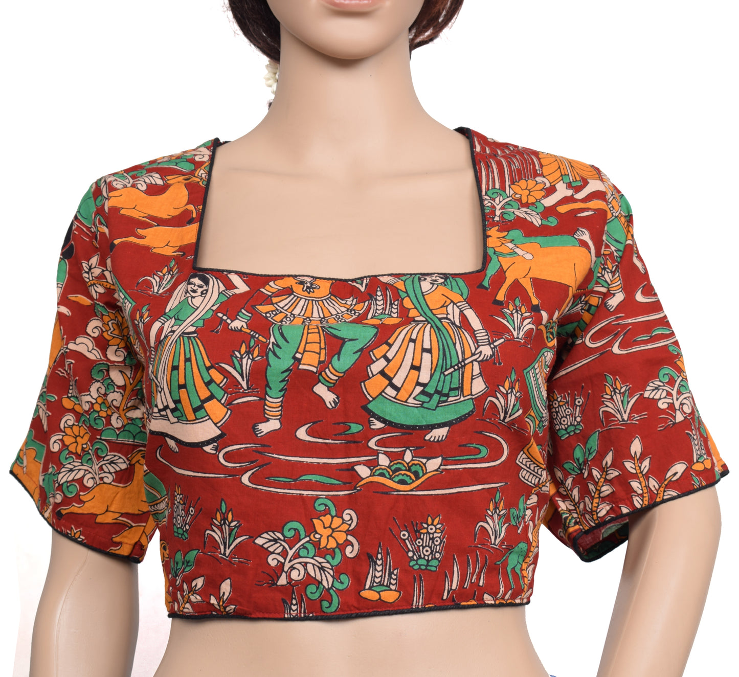 Sushila Vintage Red Branded Stitched Sari Blouse Cotton Kalamkari Print 48"