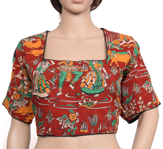 Sushila Vintage Red Branded Stitched Sari Blouse Cotton Kalamkari Print 48"