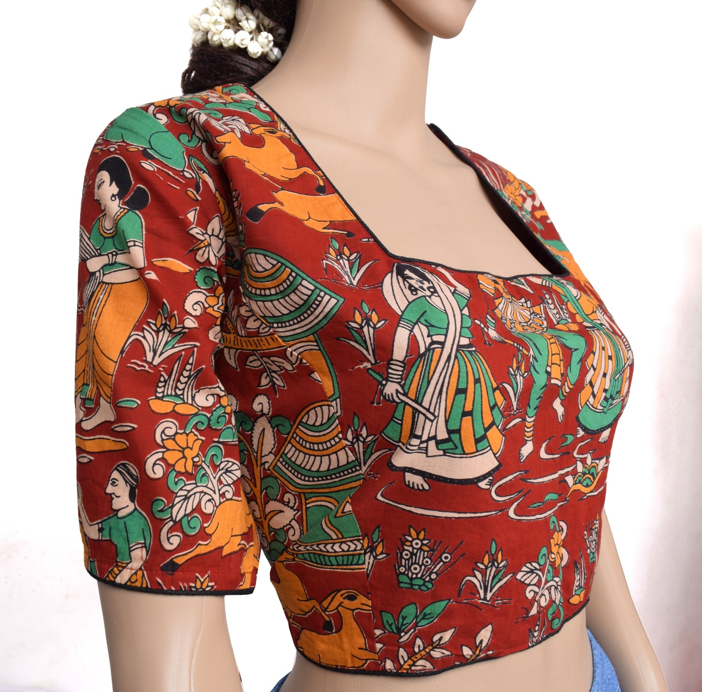 Sushila Vintage Red Branded Stitched Sari Blouse Cotton Kalamkari Print 48"
