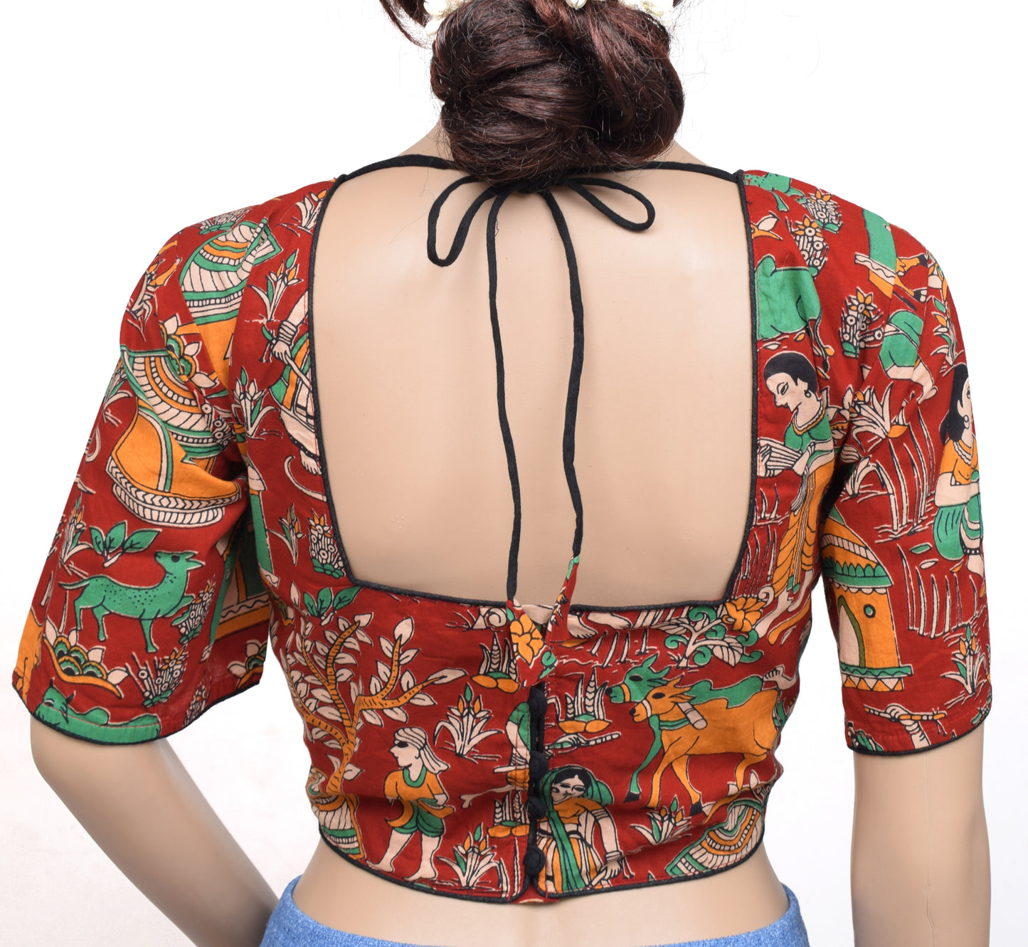 Sushila Vintage Red Branded Stitched Sari Blouse Cotton Kalamkari Print 48"