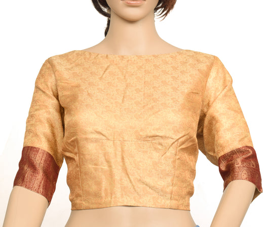 Sushila Vintage Beige Readymade 40" Sari Blouse Silk Woven Designer Top