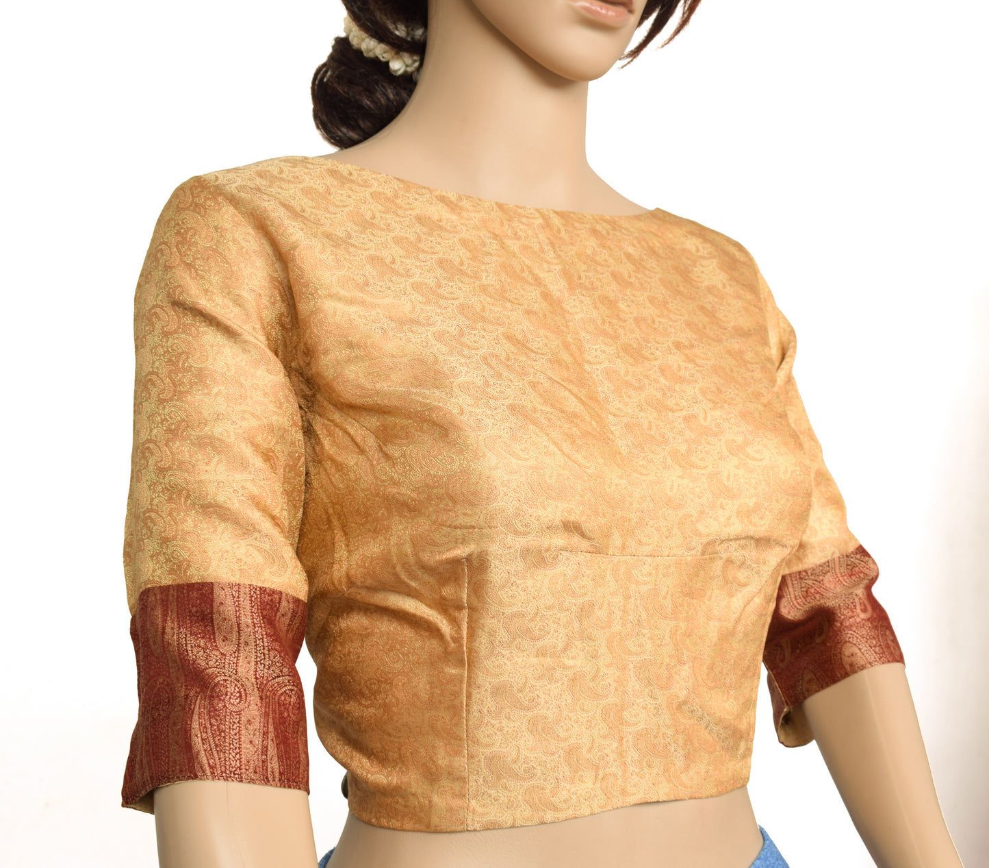 Sushila Vintage Beige Readymade 40" Sari Blouse Silk Woven Designer Top