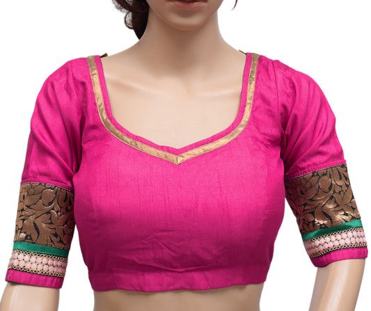 Sushila Vintage Readymade 32" Magenta Designer Sari Blouse Silk Patch Work